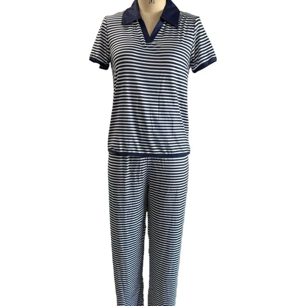Summer Women Striped Polo Collar Sleepwear 2 Piece Set Short Sleeve V-neck Tops Long Trousers Soft Loungewear Daily Pajamas 5