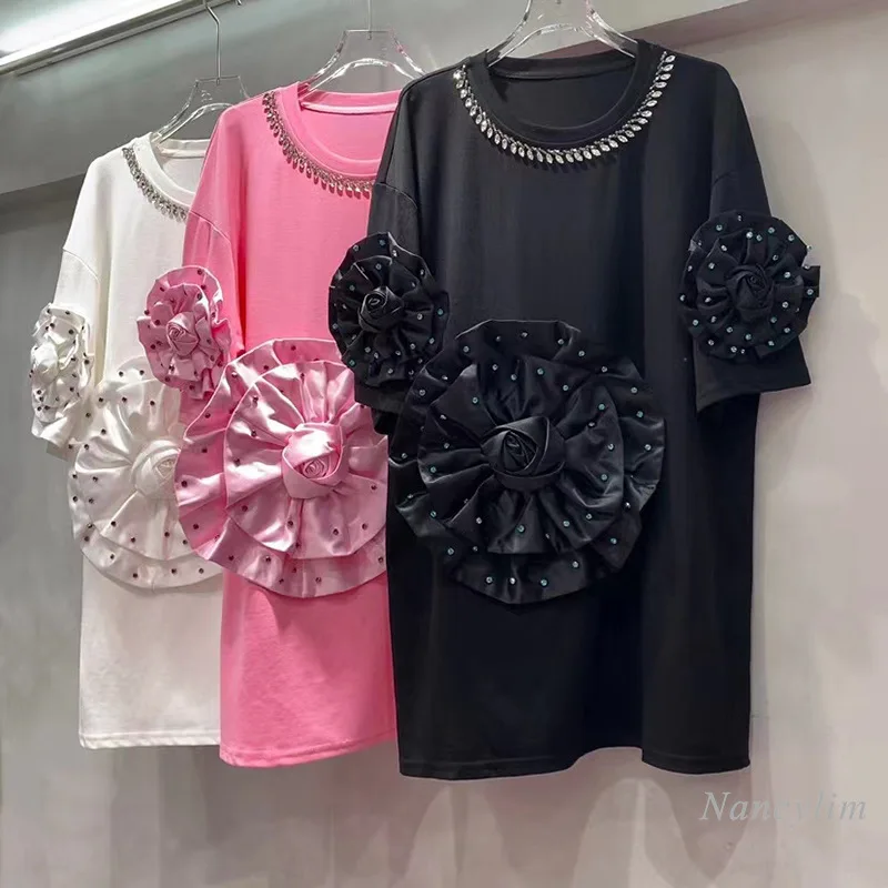 

European Goods Loose Long T-Shirt for Women 2024 Summer New Fashion Three-Dimensional Flower Rhinestone-Embedded Beaded Top Tee