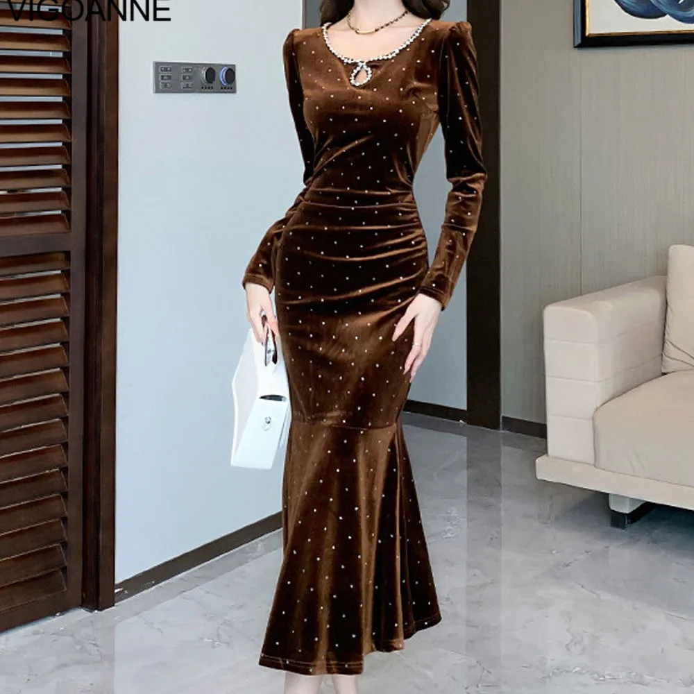 VigoAnne 2025 Autumn Solid Slim Mermaid Velvet Dress Woman Long Sleeve Korean Dress Lady Crystal Evening Party Tight Long Dress