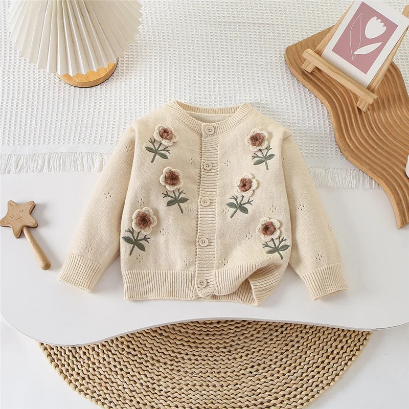 2026 Baby Girls Knit Sweater Autumn Embroidered Flower Cardigan Children Clothing Winter Fashion Princess knitwear Coats 2-6Year