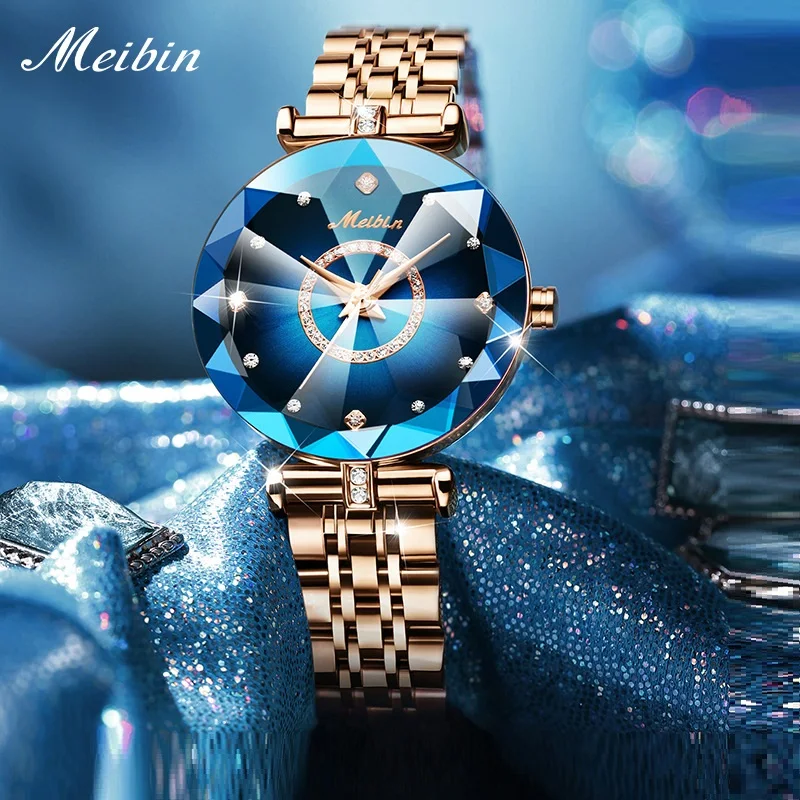 Fashion Meibin Luxury Top Brand Women Blue Lady Quartz Diamond Wristwatches Elegant Female Bracelet Girl Party Dress Reloj Mujer