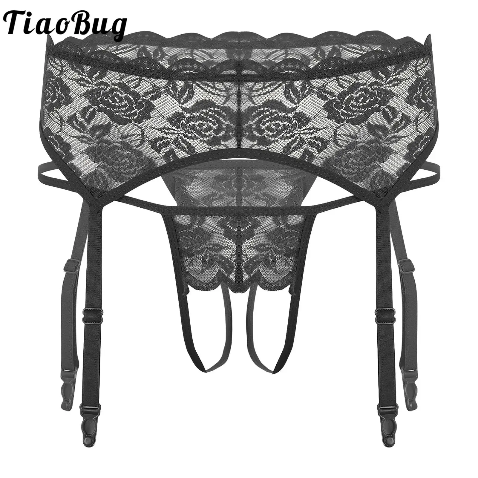 

Mens Lace Panties Sexy Underwear Crotchless G-string Underwear Lingerie Bikini Briefs Sissy Crossdress Panties with Garter Belt