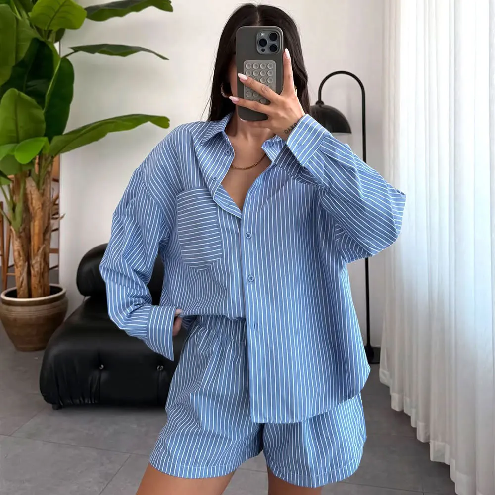 Women's Striped Print Pajama Set Long Sleeve Summer Ladies Sleepwear 2 Pcs with Shorts Single Breasted Pyjama Suit for Female