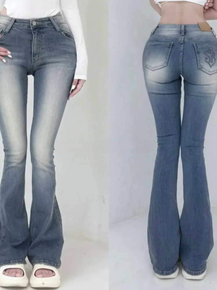 

High Waist Elastic Slimming Long Pants Bell Bot ket Design Cotton Stretch Denim Blue Color Women's Faion Spring 2024