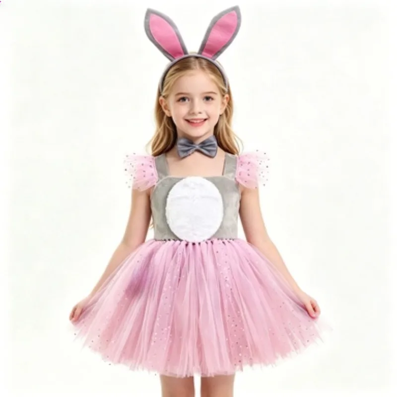 Grey‑Pink Rabbit Tutu Dress for Girls,Outfit for Children's Day & Halloween,Mesh Set for Little Girls' Holiday Party and Stage