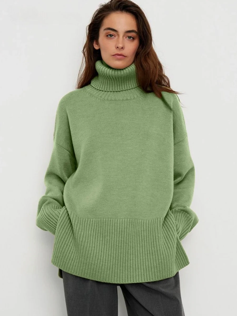 Chic Turtle Neck Autumn Winter Sweater Women Soft Warm Basic Knitted Split Pullover Loose Casual Female Jumper 2024
