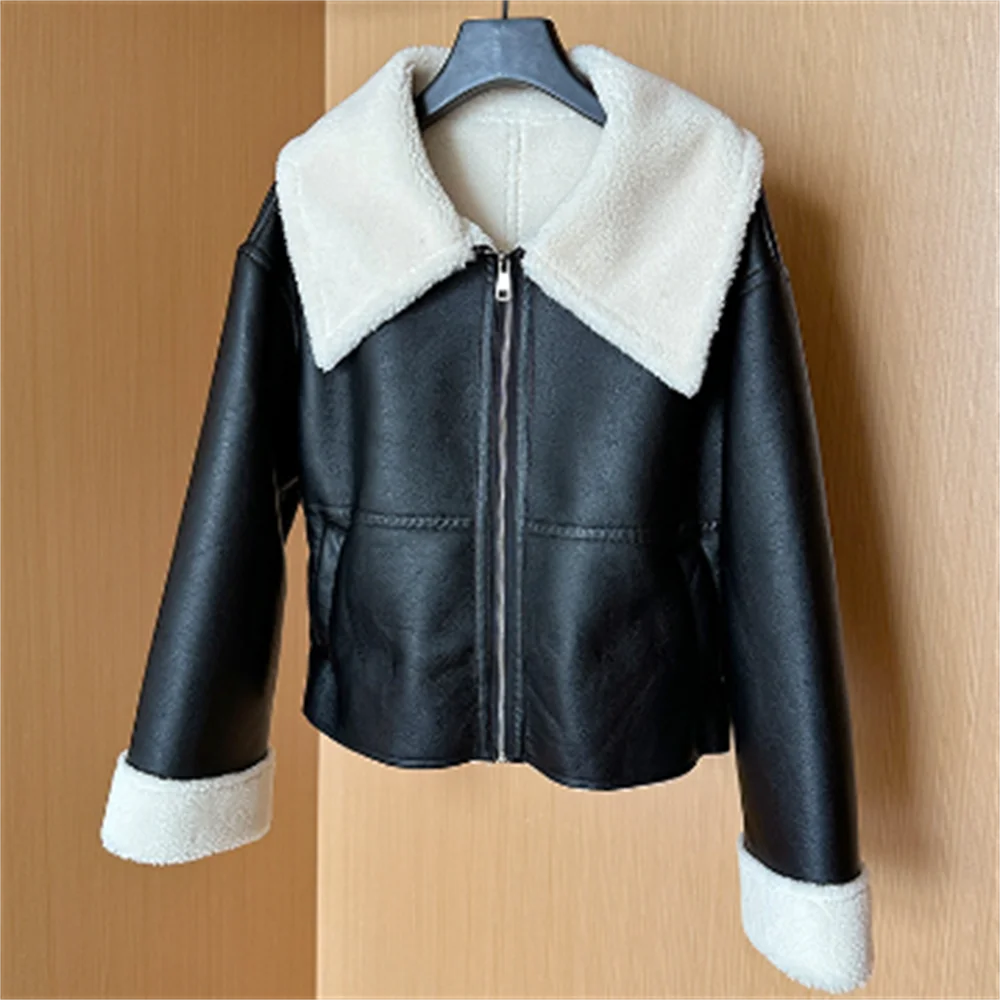 women loose motorcycle jacket autumn winter lamb fur  jacket