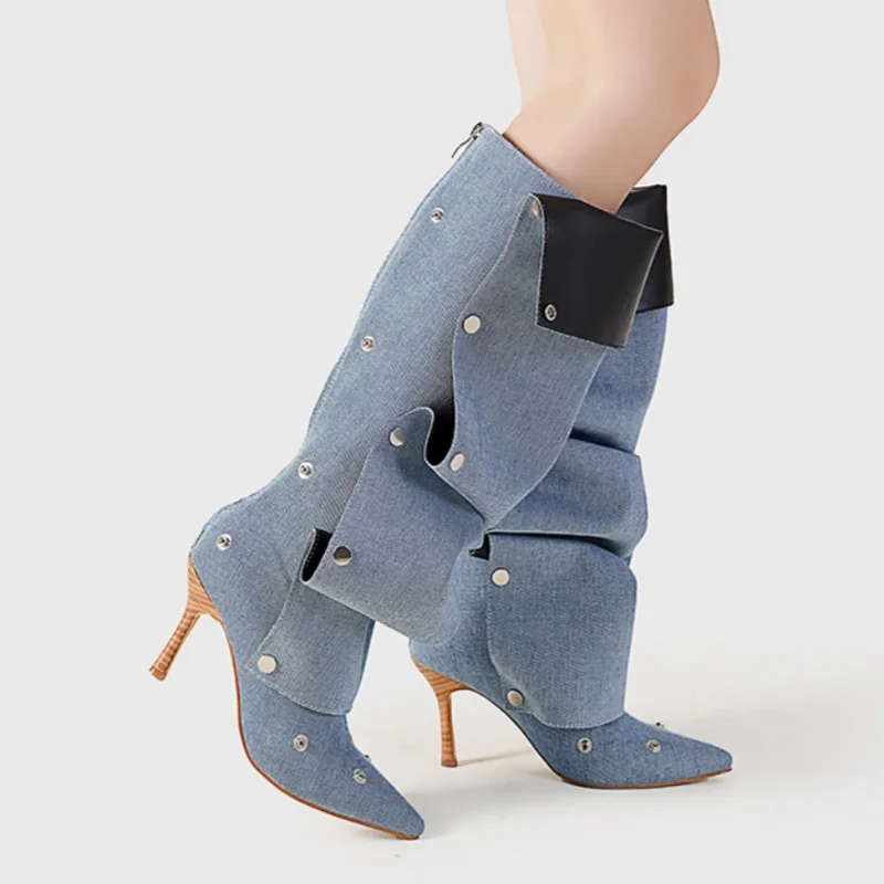 Mode High Heel Spitz Damen Ritter Stiefel Designer Gürtelschnalle Niete Spice Girl Denim Stiefel Weiblich Alle Match Lange Botas
