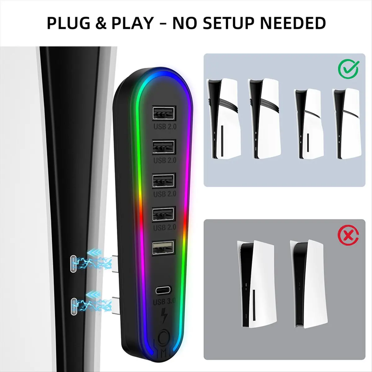 

【Some】6-in-1 USB 2.0 HUB for PS5 PRO/Slim Host USB Expansion Hub Splitter Data Transmission Extender with RGB Light