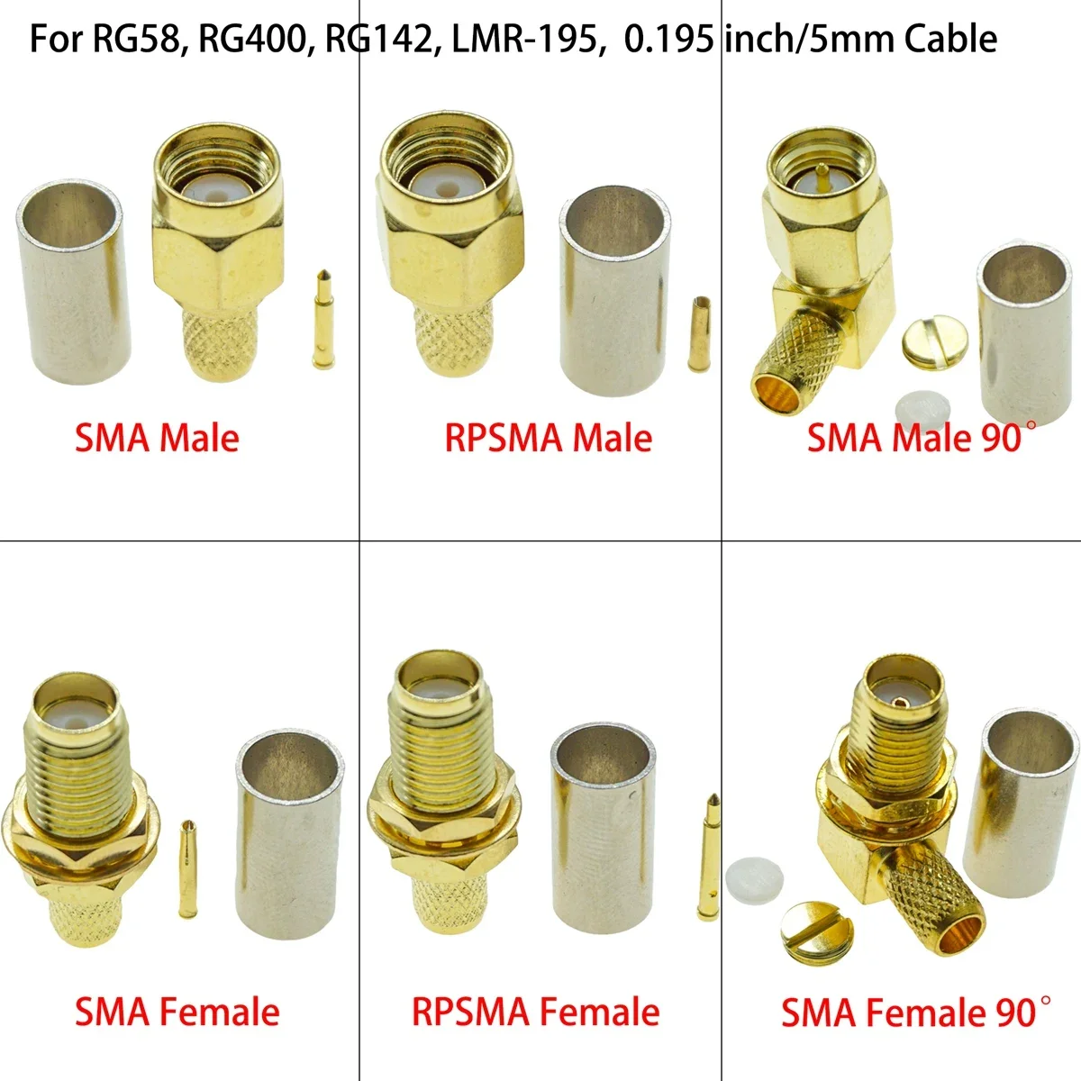 10Pcs SMA Male Plug SMA Female Jack RPSMA RF Coax Coaxial Connector Crimp right angle For RG58 LMR195 RG400 RG142 Cable Adapter