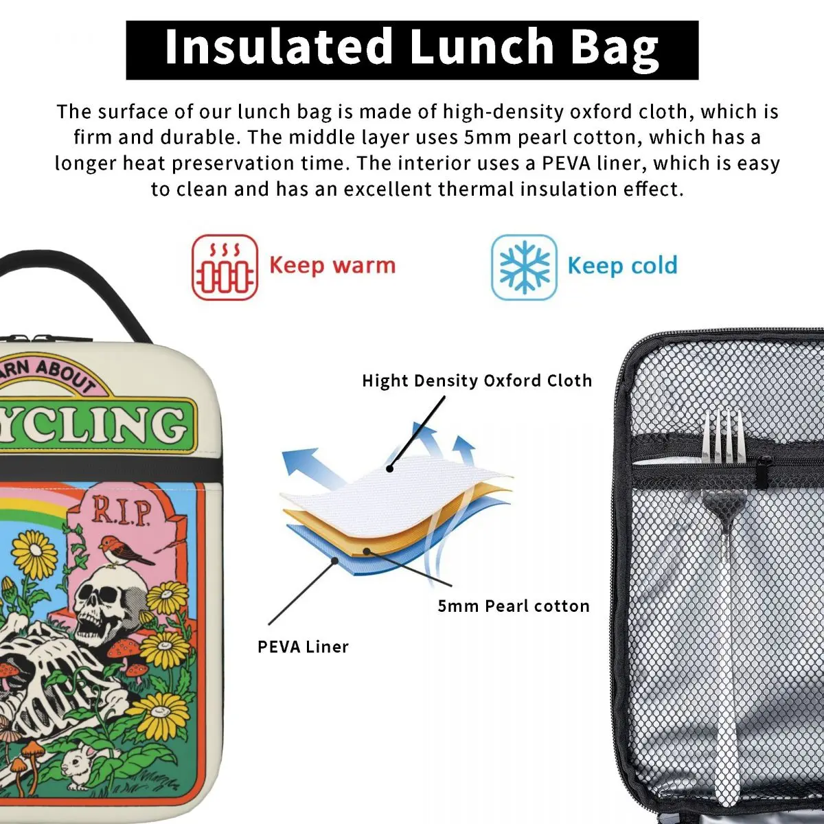 Funny Skull Carbon Circle Of Life Recycling Insulated Lunch Bag Nostalgia Dark Humor Art Food Box Reusable Cooler Thermal