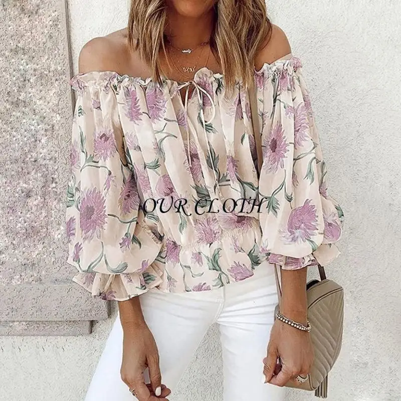 

Повседневная шифоновая рубашка с открытыми плечами и пышными рукавами с рюшами, дышащие блузки с цветочным принтом, летняя для