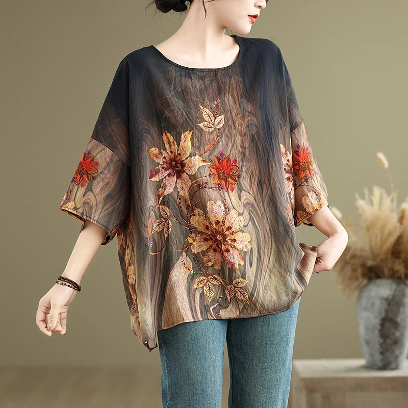 تي شيرت نسائي صيفي جديد فضفاض من القطن والكتان مستدير Ne Batwing Sve عرقي Sle مقاس كبير ألياف بوليستر مستديرة #2