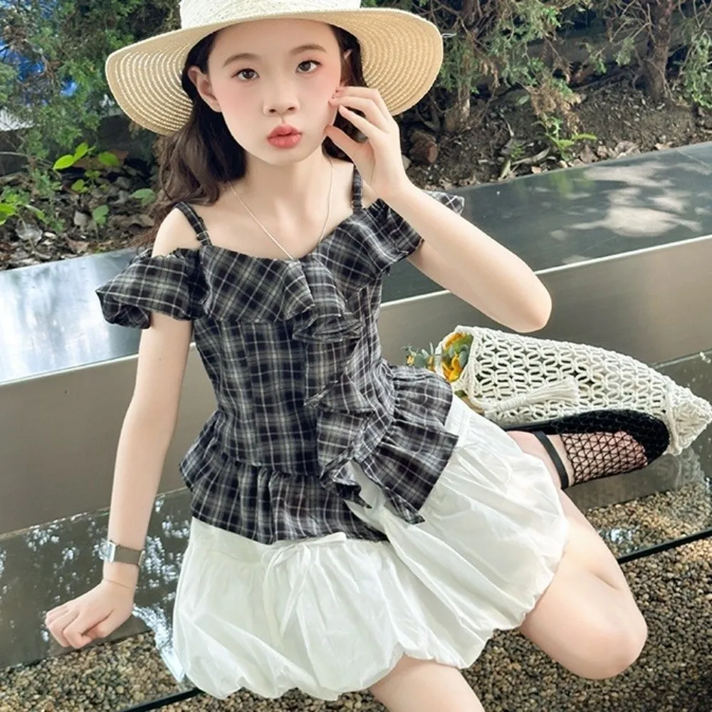

Grid Pleated Kids Ruffles Short Dress Camisole Top Suspenders Girls Puff Sleeve Skirt Loose Short Children Plaid Dress Travel