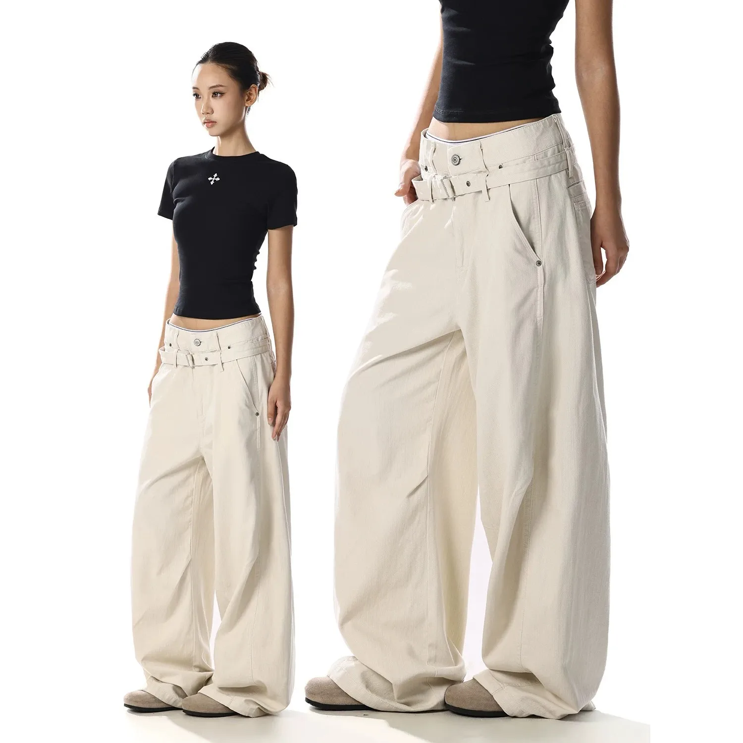 2026 New Summer American Retro Double Waistband Apricot Wide Leg Pants Unisex Loose Slimming Draped Casual Trousers Straight