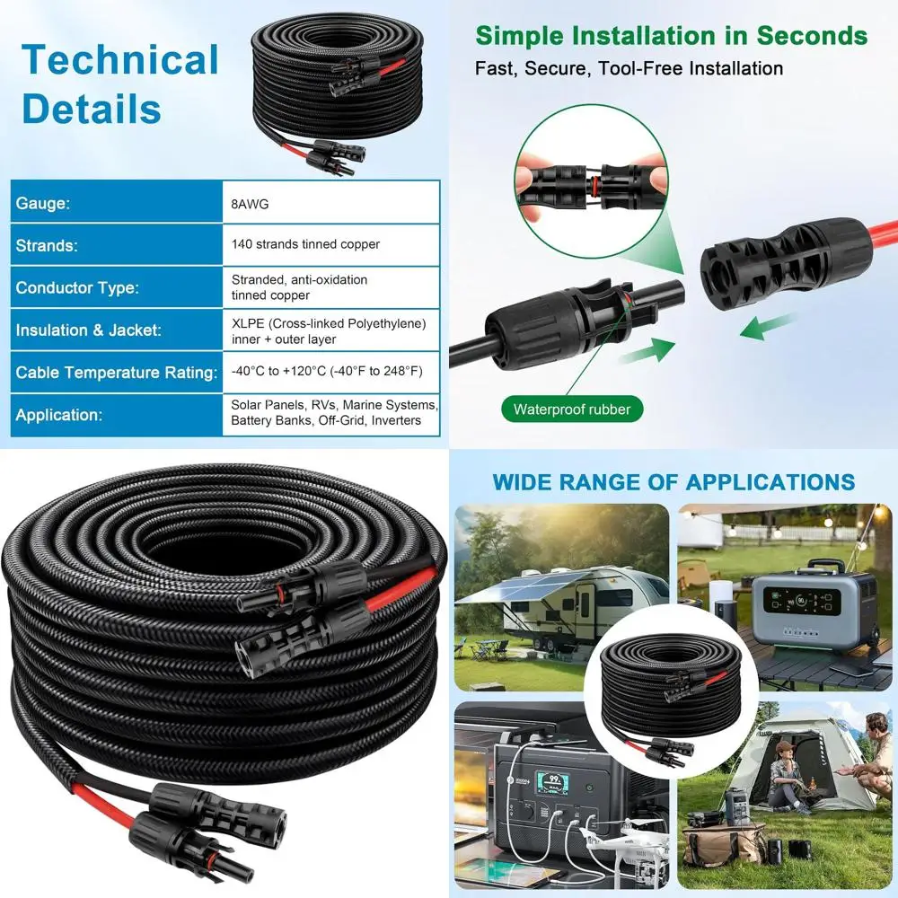 

20T 8AWG Extension Cable with Male and Female Ends, Flame-Retardant Sleeve, Weatherproof PV Wire for Solar Panel Connections