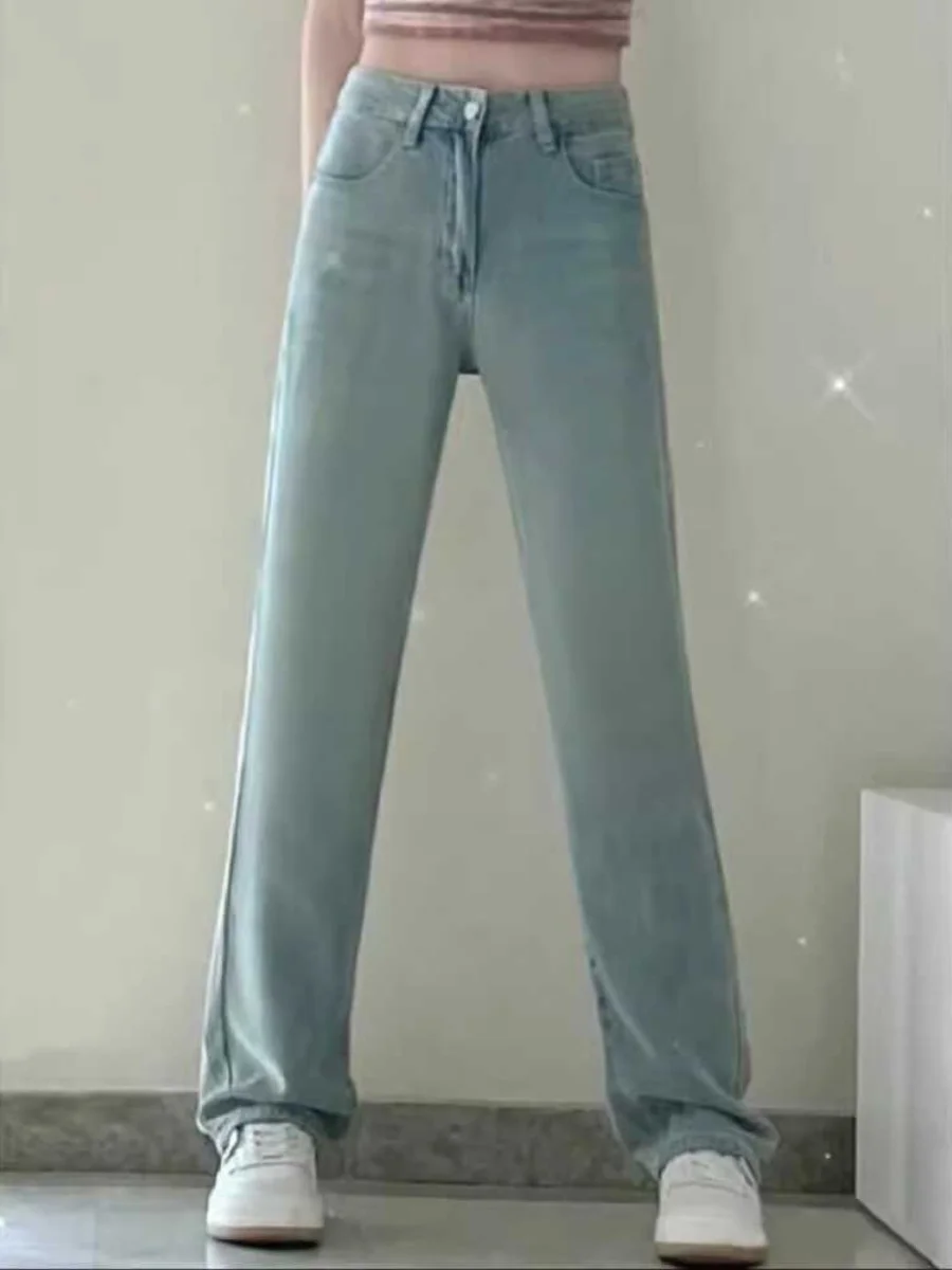 

Lacele Summer Thin High Waist Wide Leg Jeans Women's Straight Cut Loose Fit Denim Pants Long Length Zipper Closure