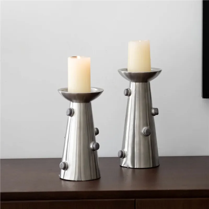 Modern Minimalist Stainless Steel Candle Holder Matte Silver Round Base Home Decor Ornament for Living Room Table Centerpiece