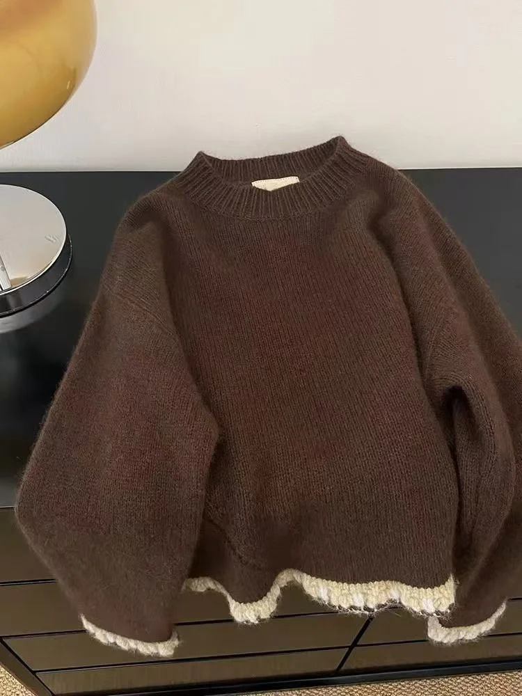 

Korean New Coffee Color Round Neck Sweater For Women Autumn Winter Long Sleeved Knitted Sweaters Vintage Female Pullover Tops