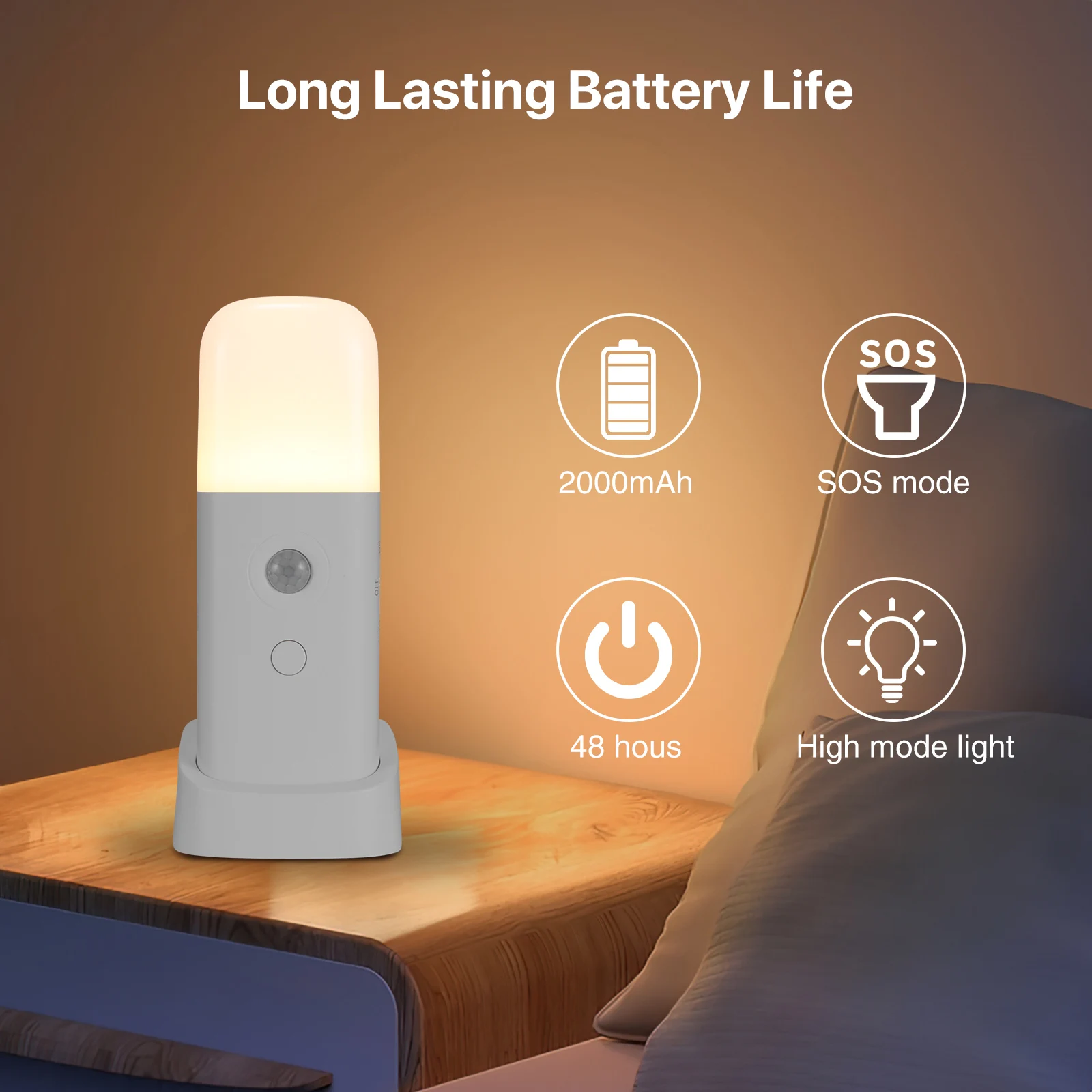 2000mAh LED Night Light Rechargeable Motion Sensor Bedside Lamp With 5 Levels Adjustable Brightness Dimmable Nursery Nightlight