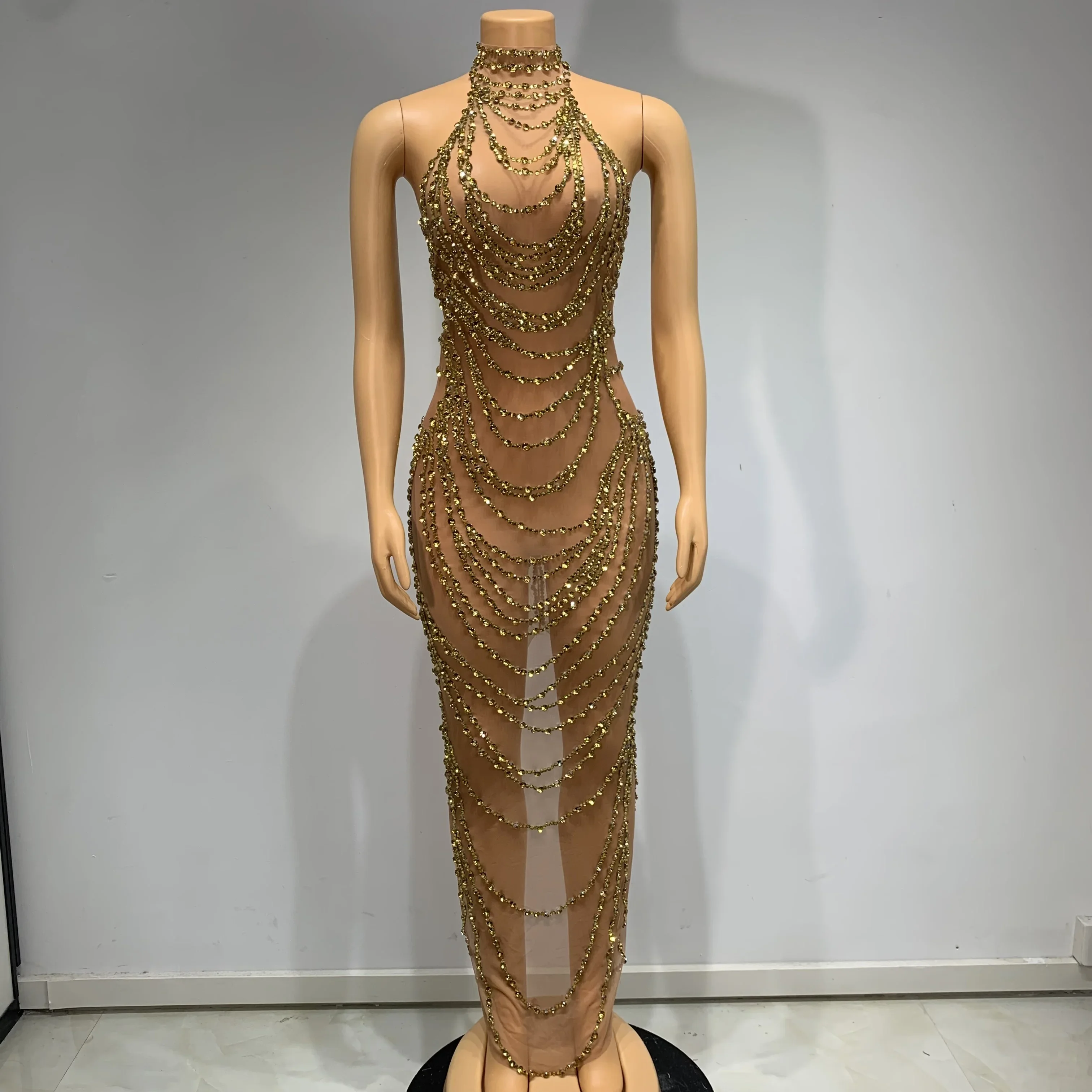 Gold Rhinestones Mesh See Through Long Dress Luxury Women Sexy Silver Evening Prom Birthday Celebrate Gown Stage Wear