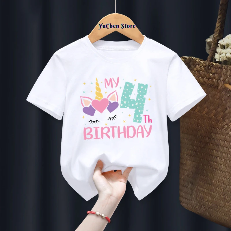 Birthday Gift Present Clothes Children Unicorn Girl My 1-8th Birthday Number Print Name T-shirt Baby Letter Tops Tee,Drop Ship