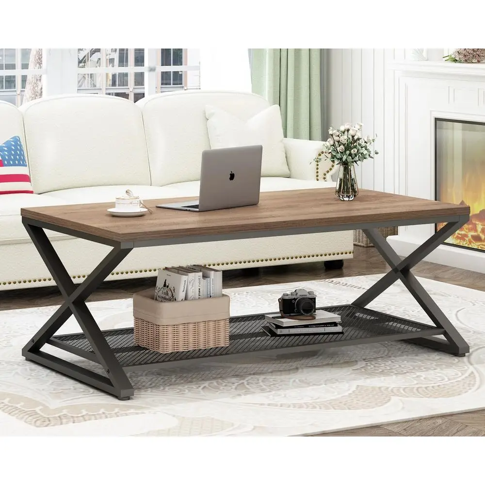 Rustic Oak 47 Farmhouse 2-Tier Metal & Wood Coffee Table with Storage for Living Room and Office