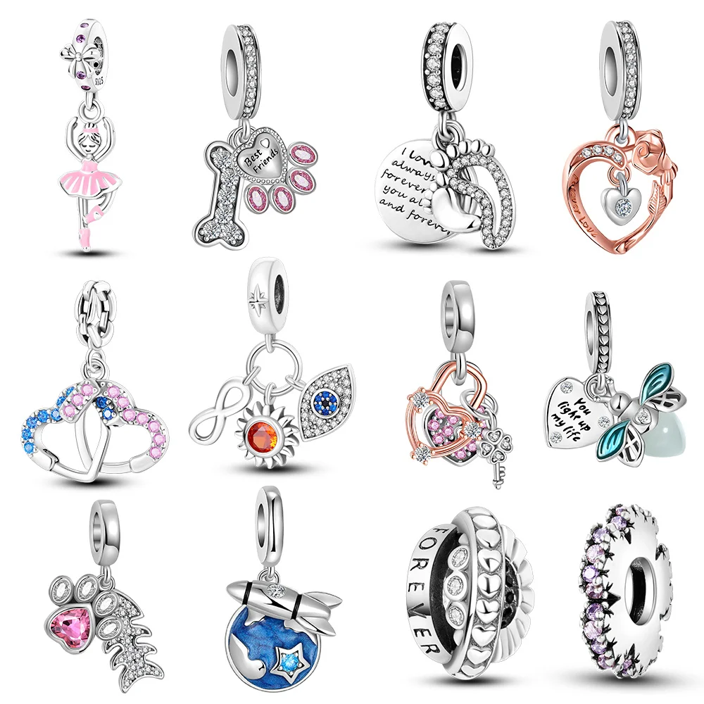 925 Sterling Silver New Rocket Earth Love Lock Key Fishbone Cat Paw Charms Fit Original Bracelet Beads Women Jewelry