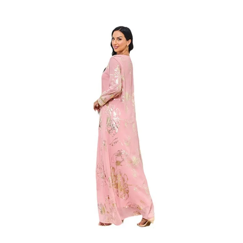 Spring New Muslim Bronzing Fashion Robe Containing Belt Pink Dress muslim dress women  formal dress  dubai abaya