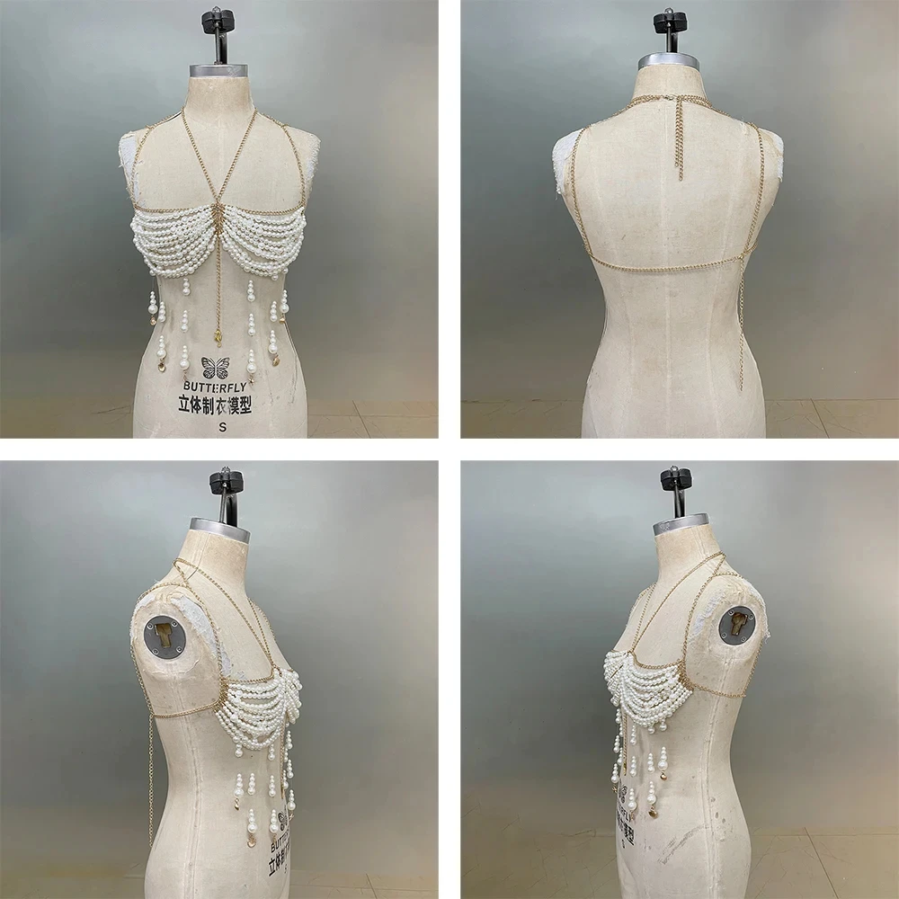 2025 ใหม่เซ็กซี่ผู้หญิงสีขาวFauxไข่มุกโปร่งใสHollow Outพู่Handmade Beaded Bra Top Rave Party