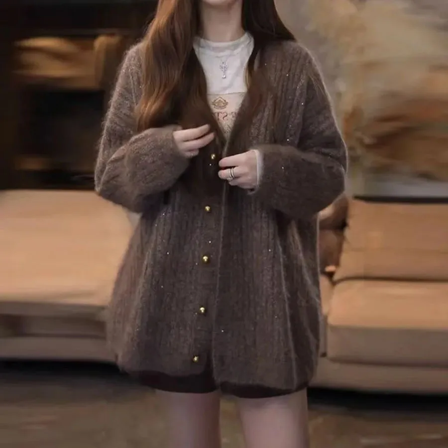 

2025 New Autumn Fashion Korean V-Neck Women Cardigan Sweater Jacket Versatile Casual Female Sweater Loose Ladies Knitted Top