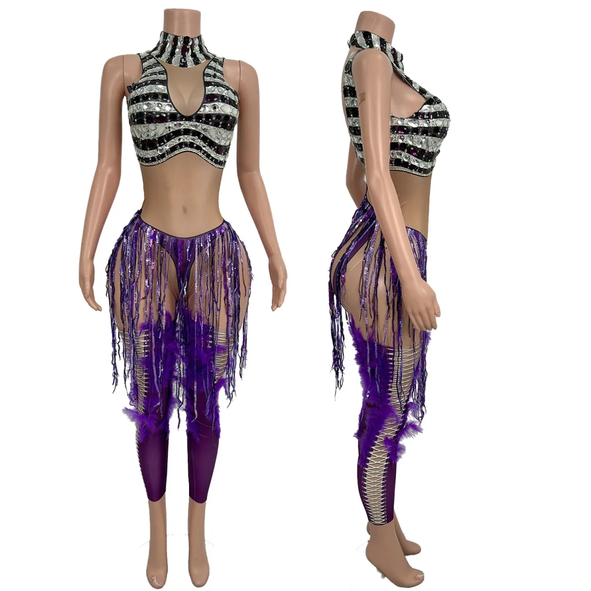 

Purple Tassel Spandex Tight Fitting Jumpsuit Night Party Stage Performance Wear Masquerade Carnival gig Dancer Outfit Zizuanwa
