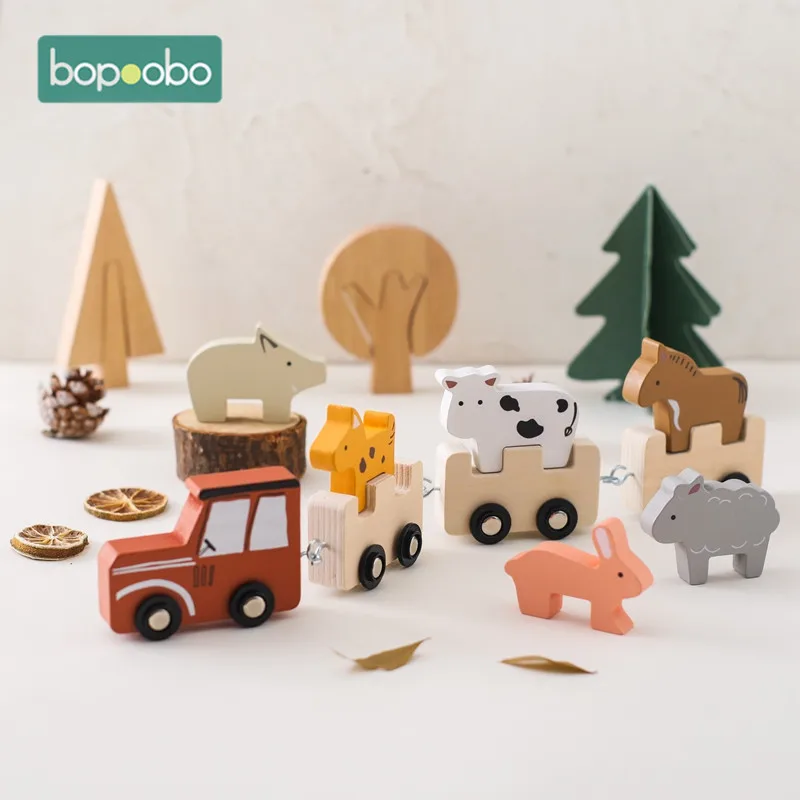 

1Set Baby Animal Train Toys Wooden Animal Stacking Toy Blocks Game Montessori Hands-on Queuing Ability Educational Children Gift