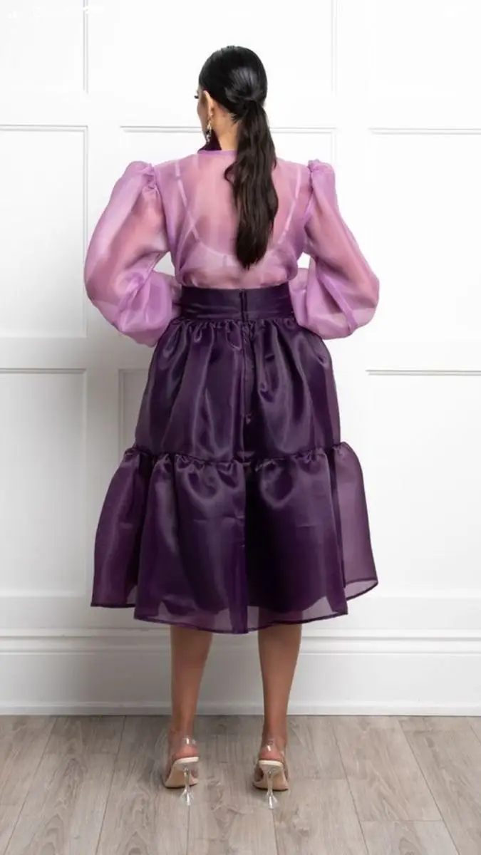 Trendy Purple Organza Skirt Women 2022 Pleated Midi Skirt Knee Length Zipper Waist Ladies Skirts Customized Any Color Size Free