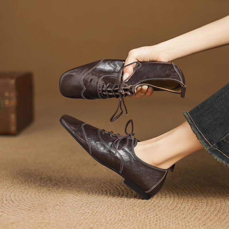 Women's new spring and autumn genuine leather sheepskin comfortable low heel lace up fashion shoes casual retro single shoes