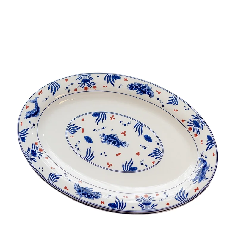 

Среднеглазурная сине-белая фарфоровая большая тарелка для рыбы, бытовая тарелка из костяного фарфора, тарелка для рыбы на пару, одна упаковка, овальная