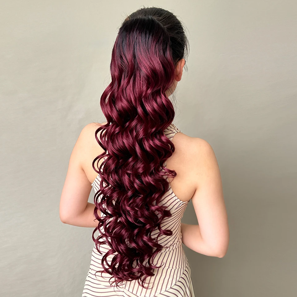 Ombre бордовый вьющийся хвост с волнистыми волосами, 28-дюймовый синтетический хвост на шнурке для женщин, длинный волнистый искусственный конский хвост