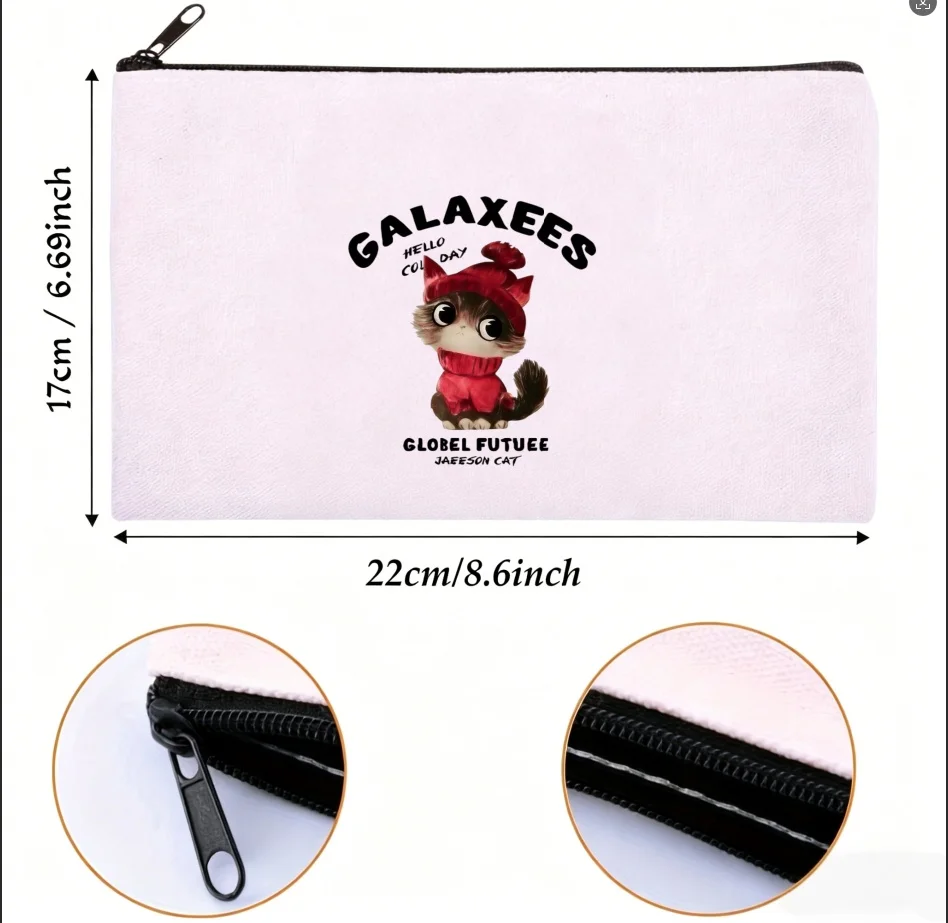 1PC Galaxees Red Knit Hat Fluffy Kitten Print Canvas Cosmetic Bag Portable Zipper Makeup Storage Pouch Cat Lover Gift