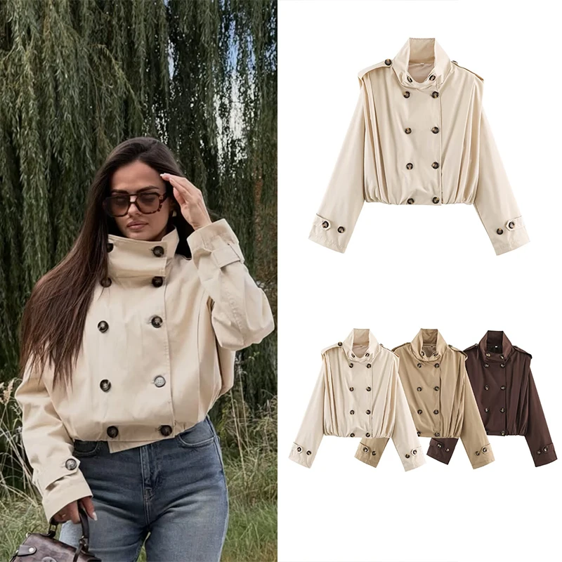 Guobioziy Women's Slim-Fit Pleated Trench Coat 2026 Spring-Autumn Newe Euro-American Casual Fashion Pock Street Old Money Style