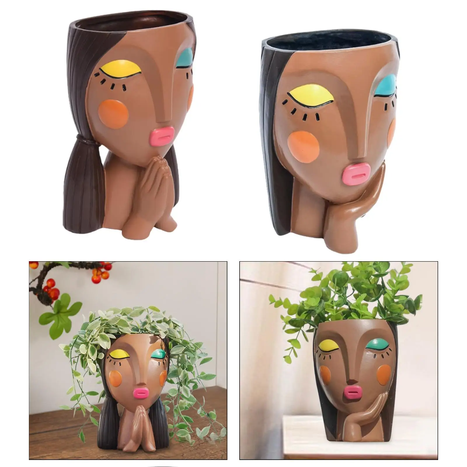 Head Planter with Drainage Hole Face Flower Pot for Bookshelf Office Bedroom