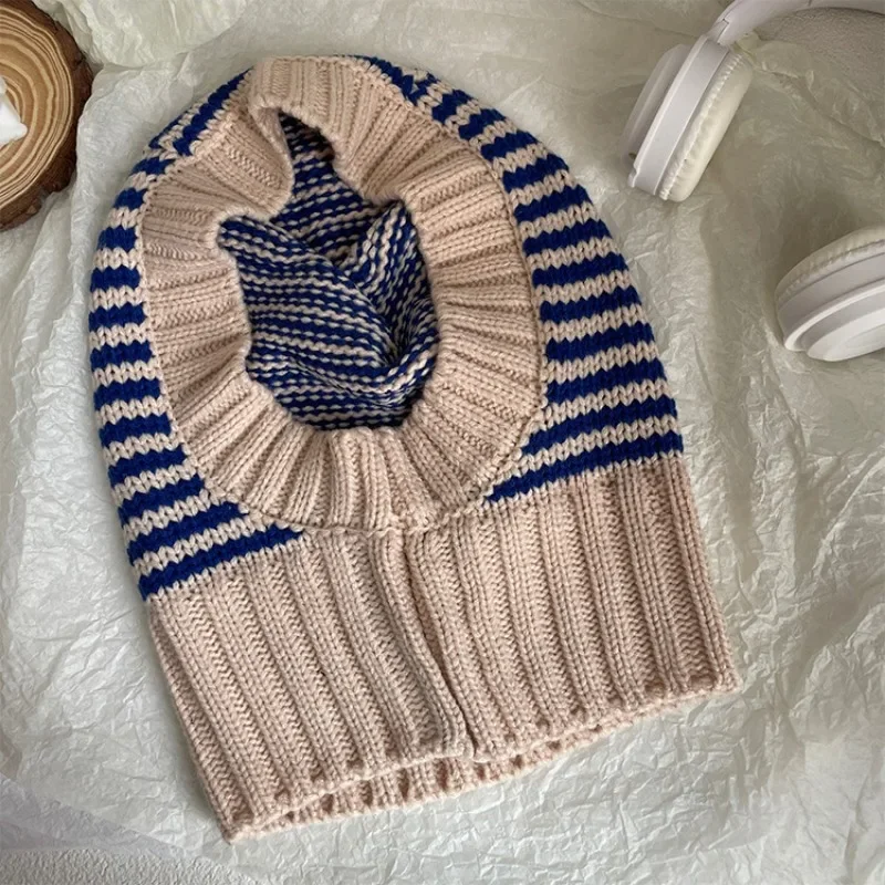 Koreański Ins w stylu Vintage, w paski kominiarki jesienne i zimowe słodkie jednoczęściowe czapki typu beanie dla mężczyzn z dzianiny duszone jajka