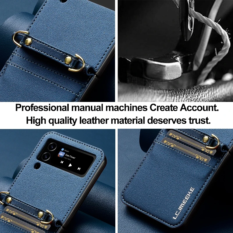 Retro Leather Folding Phone Cover For Samsung Galaxy Z Flip4/Z Flip 3 With Long Short Lanyard