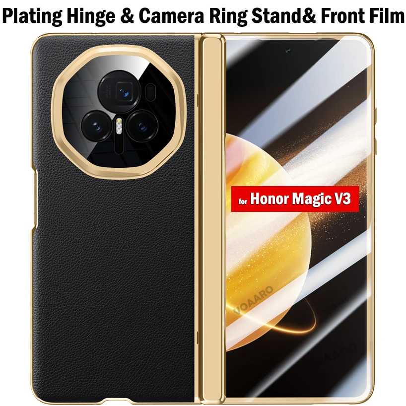 

Foldable Stand Holder Leather Funda for Honor Magic V3 Plating Hinge Case for Honor Magic V3 Case with Front Screen Glass Film