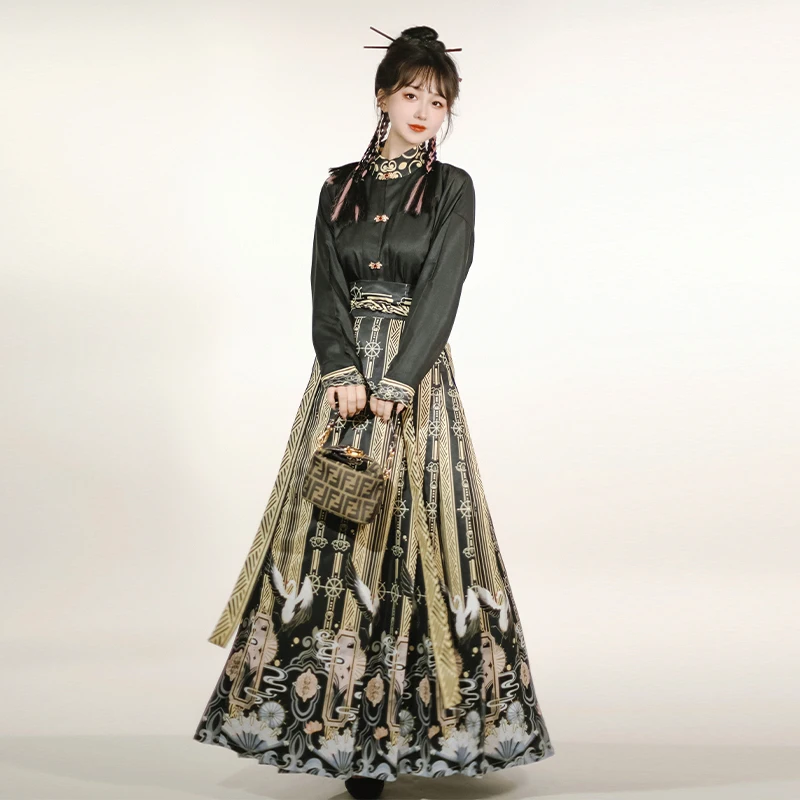 New Improved Ming Dynasty Hanfu Suit With Long Horse-face Skirt & Long-sleeved Stand Collar Shirt Chinese Style Pleated Skirt