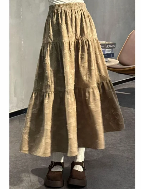 Retro Jacquard Khaki Midi Skirt High-waist Slim-fit A-line Skirts Niche Harajuku Preppy British Fashionable Women's Skirt Trendy
