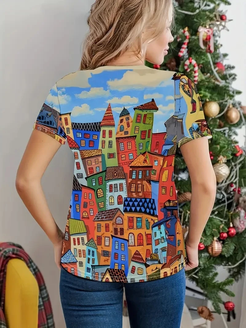 تي شيرت نسائي مقاس كبير مطبوع ثلاثي الأبعاد برقبة دائرية وأكمام قصيرة، فضفاض وكاجوال، ناعم، مريح ومسامي