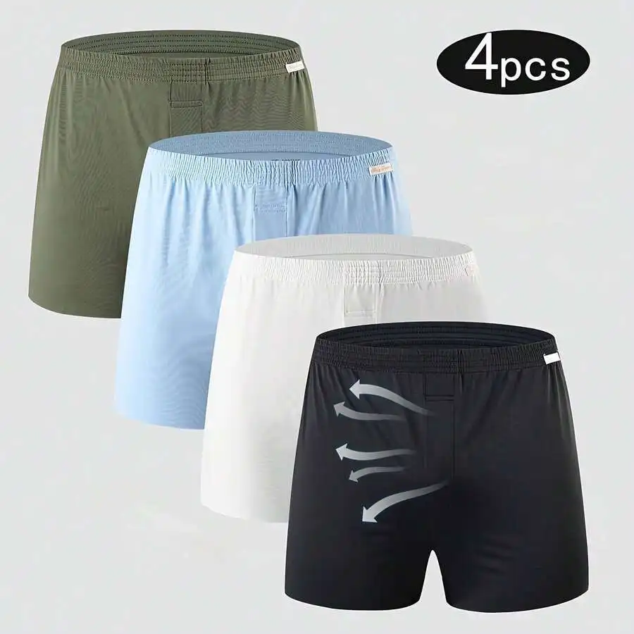 

4pcs Mens Breathable Boxer Shorts, Ultra-Thin Elastic Waist Flat-Leg Underwear, Casual Loose Fit