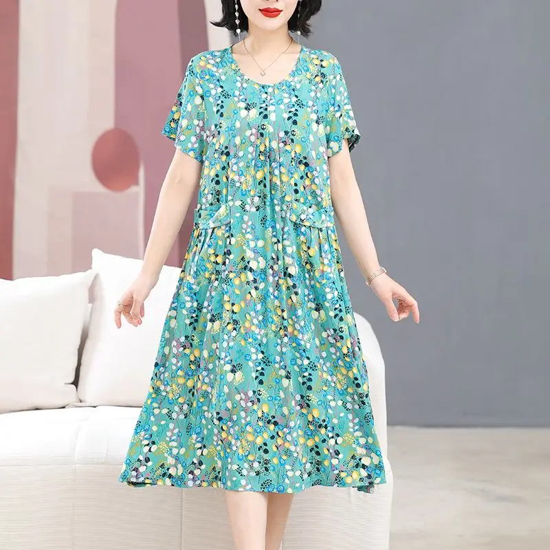 2024 Summer Plaid Printed Vintage Dresses Female Clothing Stylish Folds A-Line Casual Loose Pockets Spliced Commute Midi Dress