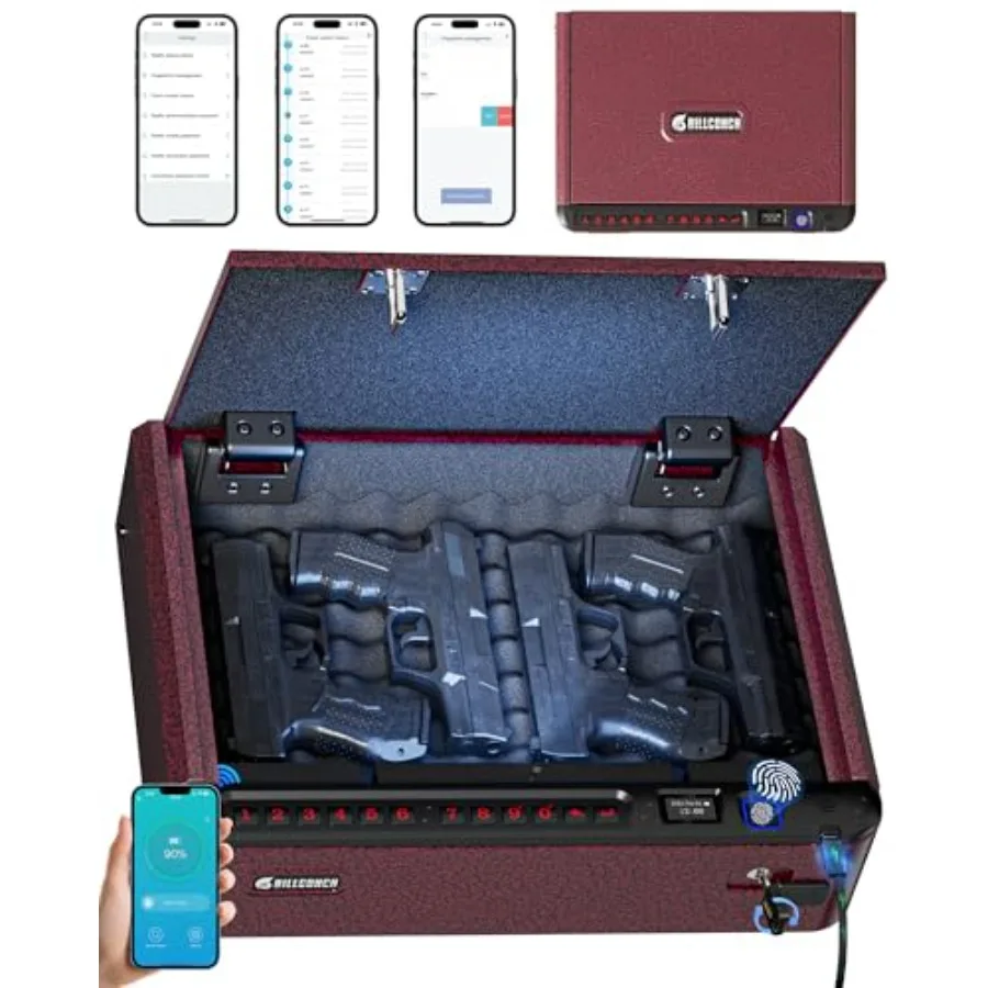 

Умный сейф для оружия с защитным тросом - Биометрический сейф для пистолетов с 4 способами быстрого доступа: отпечаток пальца/кодовая панель/ключ/приложение.