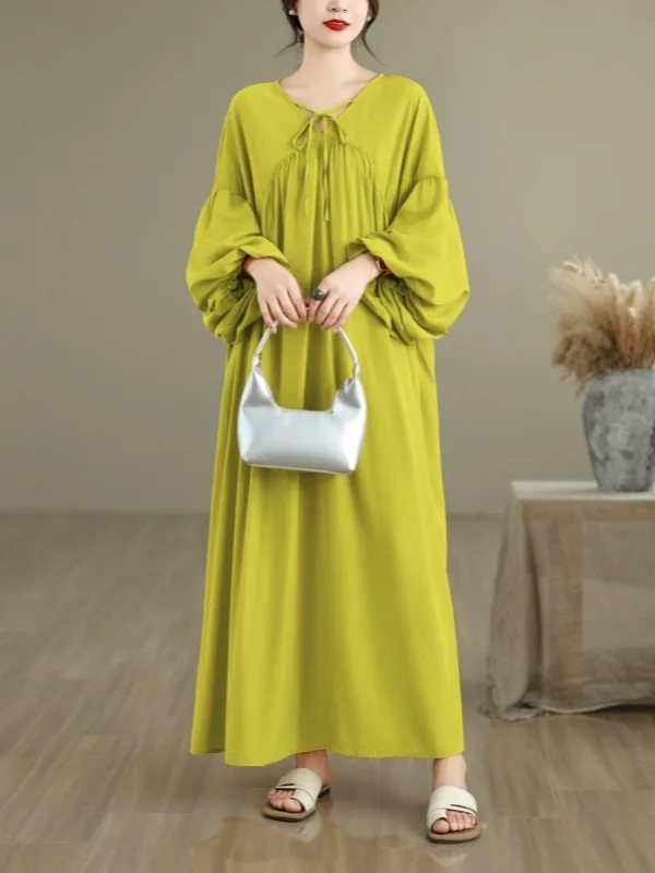 ゆったりとした韓国風スリーブVネックロングシフォンドレス、ランタンスリーブ、レディースファッション、夏の新作、秋の薄手モデル